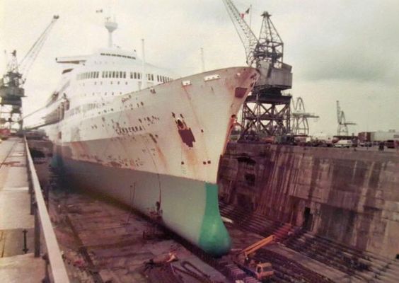 Canberra bow - during refit after Falklands war
