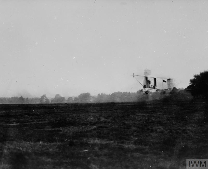 S F Cody making the first sustained powered flight in British Army Aircraft Ia over Laffan's Plain near Farnborough